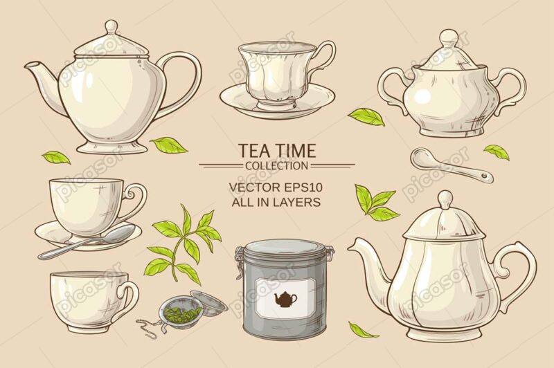 8 وکتور فنجان و قوری چای و قندان و سایر لوازم تهیه چای