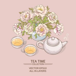 وکتور فنجان و قوری چای و گلدان گل