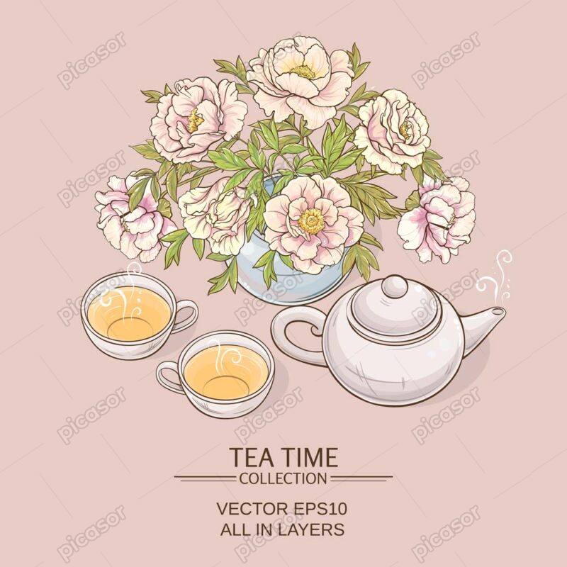 وکتور فنجان و قوری چای و گلدان گل