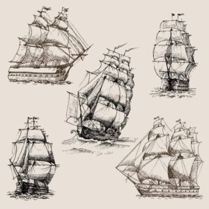 5 وکتور نقاشی کشتی بادبانی قدیمی طرح اسکچ واقعی