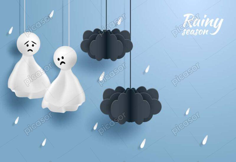 وکتور عروسک باران و ابرهای سیاه در آسمان آبی سبک هنر کاغذی