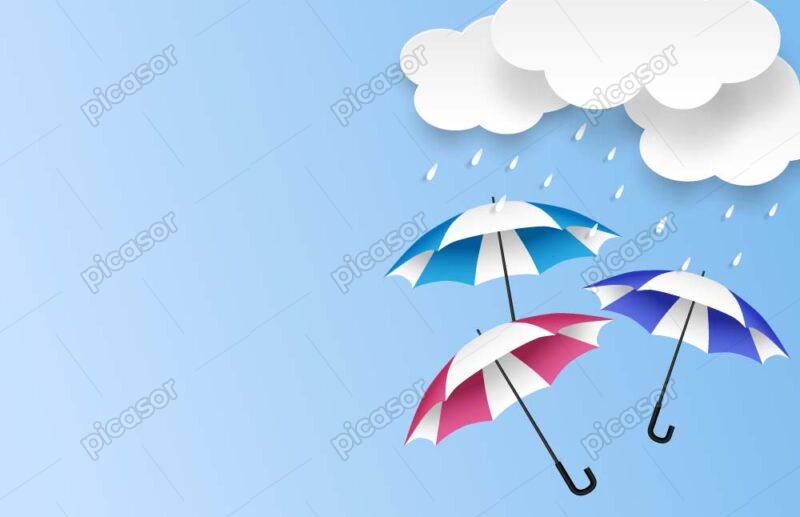 وکتور پس زمینه ابر و باران و چترهای رنگی - وکتور پس زمینه هوای بارانی سبک کاغذی