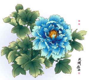وکتور نقاشی گل پیونی آبی - وکتور نقاشی گل سبک چینی
