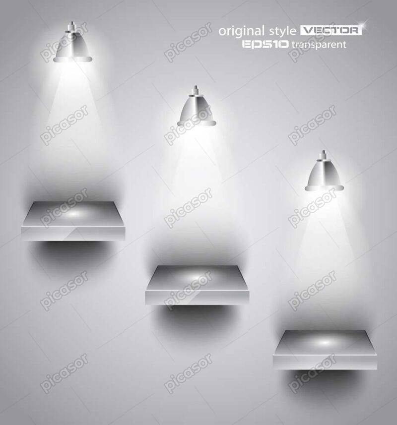 3 وکتور شلف دیواری با نورپردازی و لامپ برای تبلیغ محصولات، شبیه سازی ویترین و قفسه