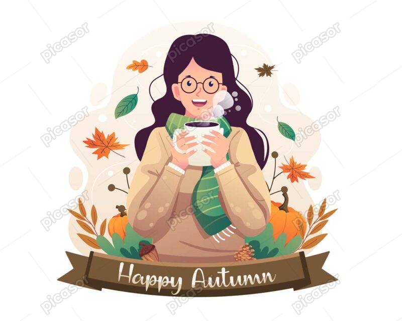 وکتور دختر با لیوان قهوه در دست - وکتور تصویرسازی دختر با لیوان قهوه در فصل پاییز