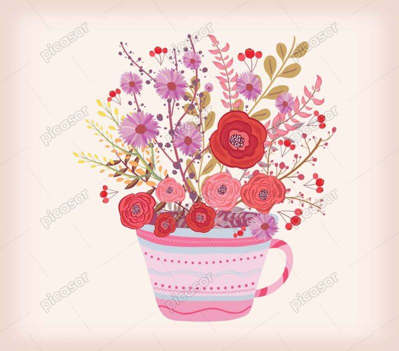 وکتور نقاشی گلهای قرمز داخل فنجان - وکتور فنجان گلدان و دسته گل قرمز