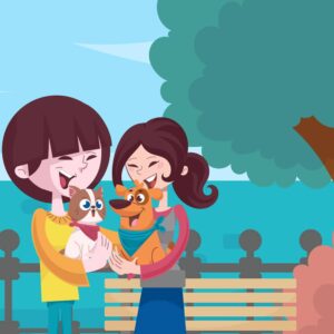 وکتور خانواده در پارک با سگ و گربه - وکتور تصویرسازی زن و مرد با گربه و سگ حیوانات خانگی