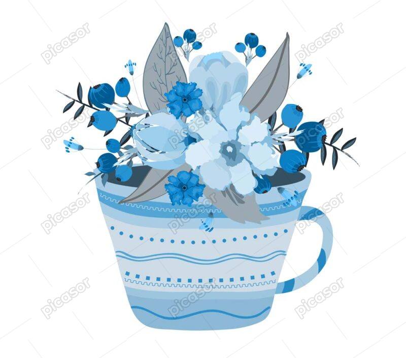 وکتور دسته گل داخل فنجان - وکتور فنجان گلدان و دسته گل آبی