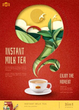 وکتور تبلیغاتی شیر چای فوری با فنجان و بخار طرح مزرعه چای
