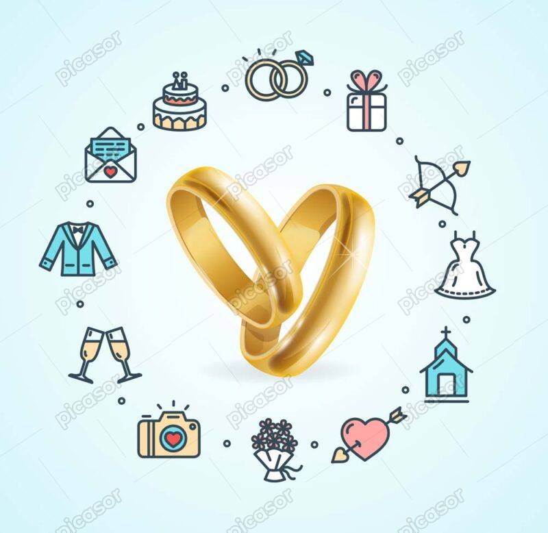 12 وکتور آیکون ازدواج با حلقه طلایی