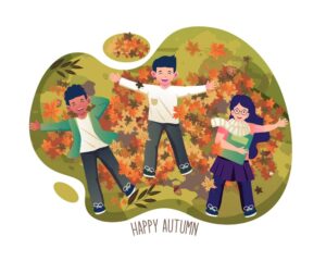وکتور بازی کودکانه با برگهای پاییز - وکتور ایلوستریشن دختر و پسر روی زمین در حال بازی با برگها