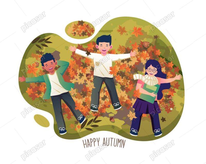 وکتور بازی کودکانه با برگهای پاییز - وکتور ایلوستریشن دختر و پسر روی زمین در حال بازی با برگها