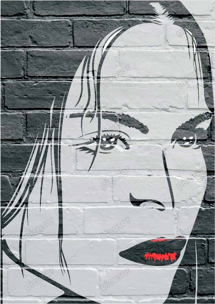 وکتور نقاشی چهره زن جوان روی دیوار طرح دیوارنگاری گرافیتی صورت زن