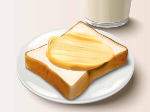 وکتور کره روی نان تست داخل بشقاب - وکتور کره و لبنیات روی نان و لیوان شیر
